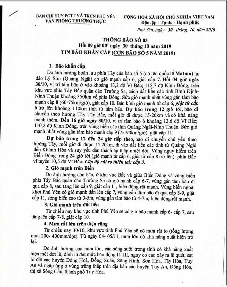 Thông báo số 3 - Hồi 9h00 ngày 30/10/2019 - TIN BÃO KHẨN CẤP (CƠN BÃO SỐ 5 NĂM 2019)