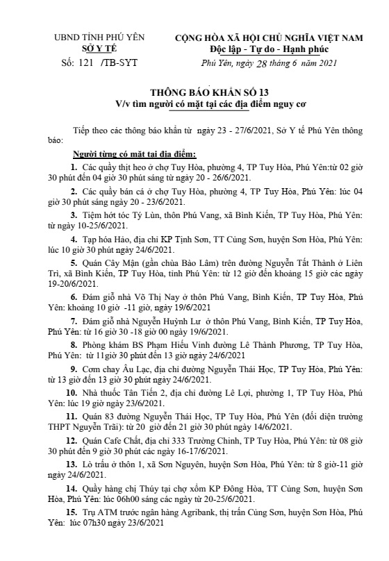 TB KHẨN SỐ 13 V/V TÌM NGƯỜI CÓ MẶT TẠI CÁC ĐỊA ĐIỂM CÓ NGUY CƠ