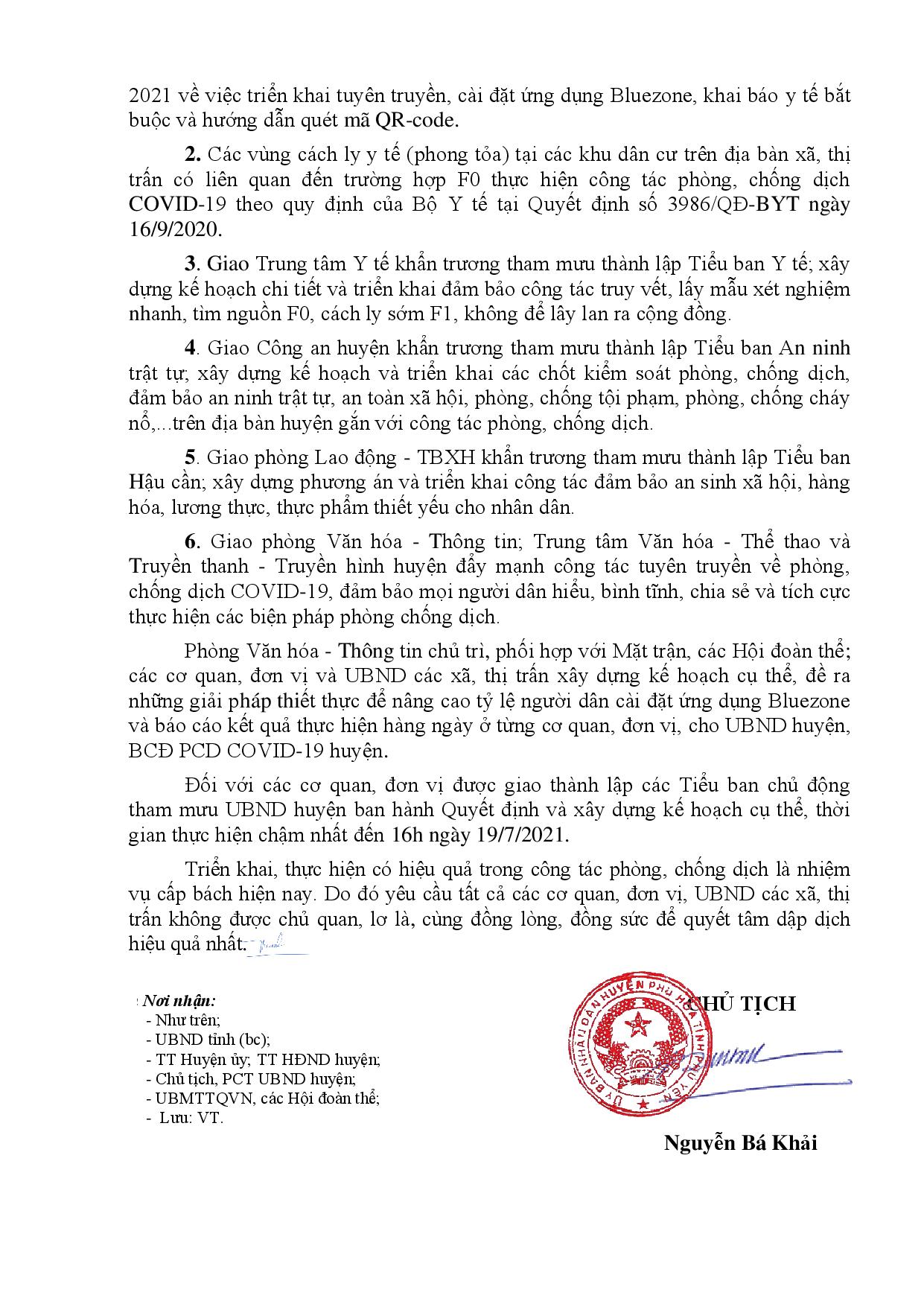 Số 979/UBND V/v tiếp tục tăng cường áp dụng các biện pháp phòng, chống dịch bệnh Covid-19 trên địa bàn huyện Phú Hoà