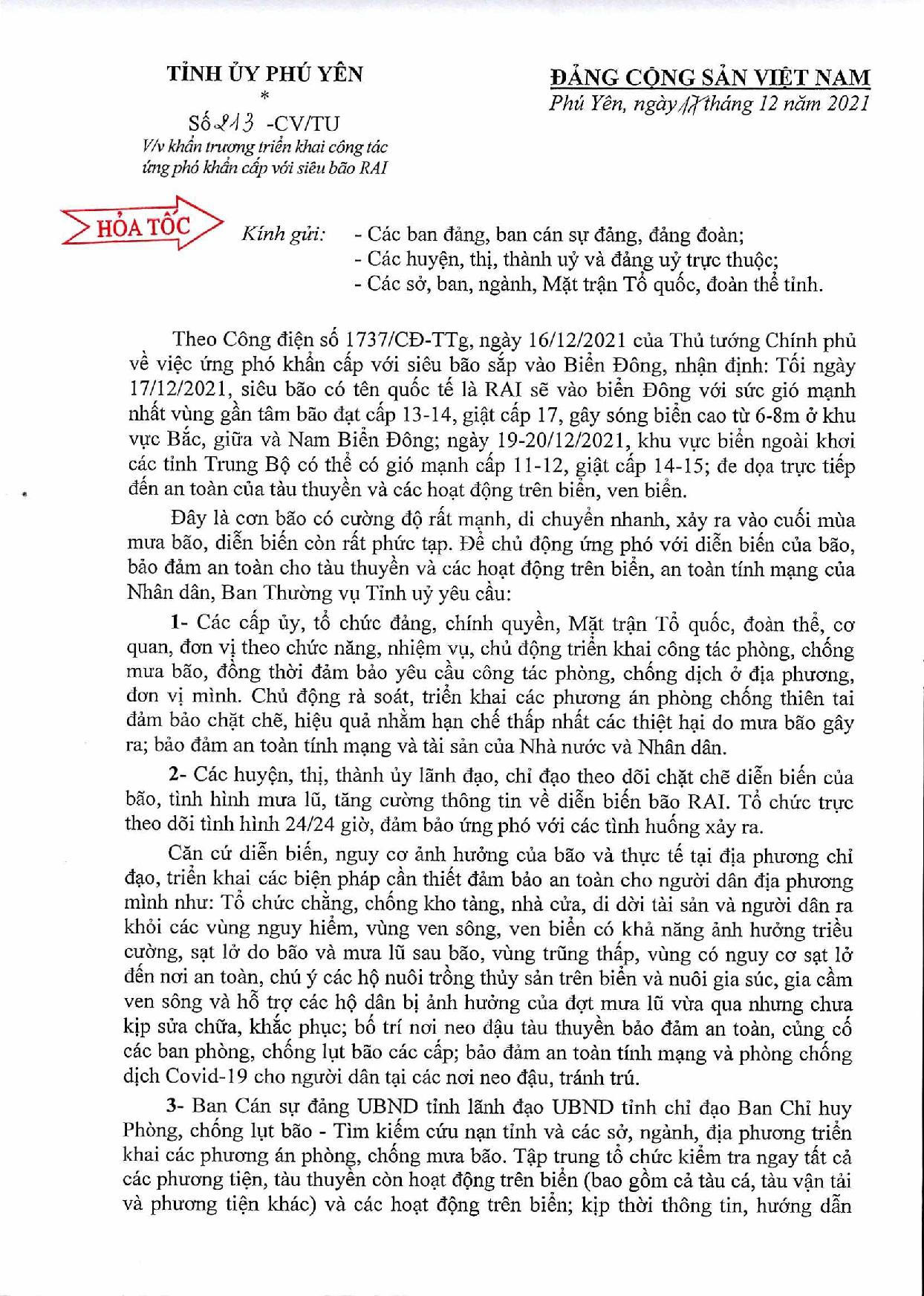 Số 213 -CV/TU V/v khẩn trương triển khai công tác ứng phó khẩn cấp với siêu bão RAI (1)